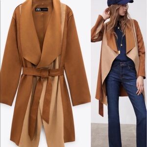 Zara Patchwork Faux Suede Open Front Self Belt Jacket Coat Brown Large NWT